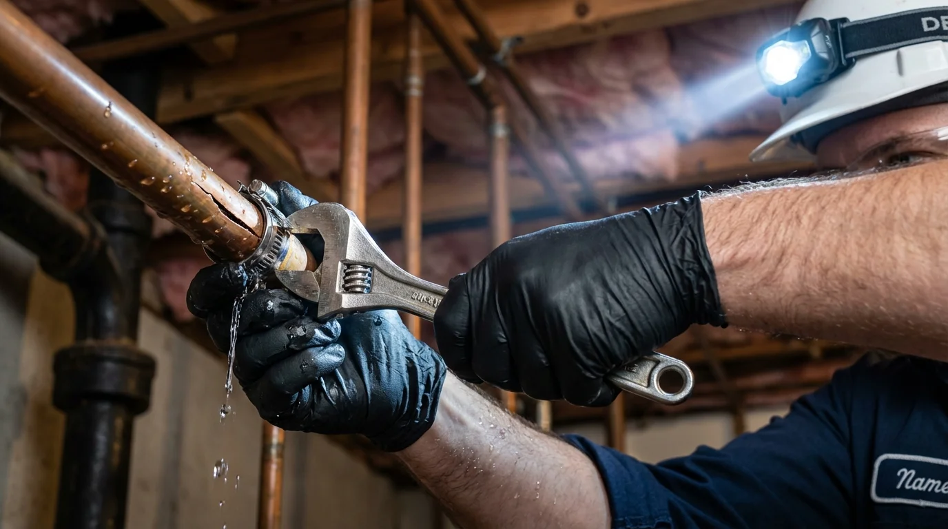 Emergency pipe clamp repair being performed by a Johns Plumbing LLC plumber in Clymer
