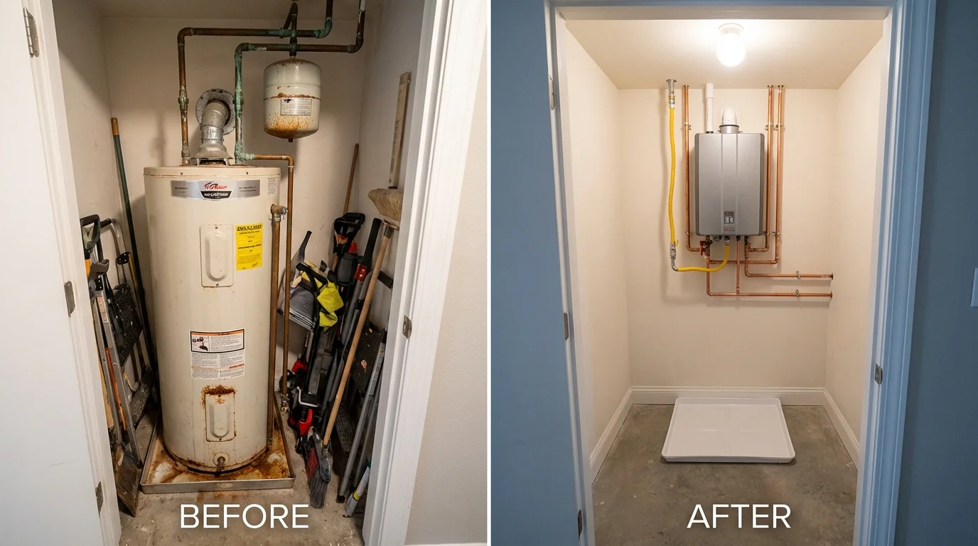 Tank water heater versus wall-mounted tankless unit comparison for Clymer, PA homeowners